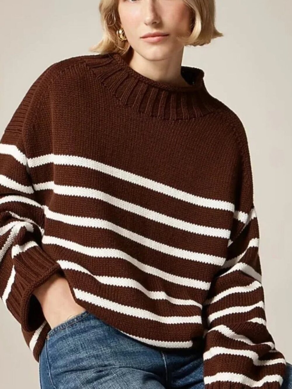 J Crew 2025 Rollneck Sweater Brown White Stripe Striped 100% Cotton Size L